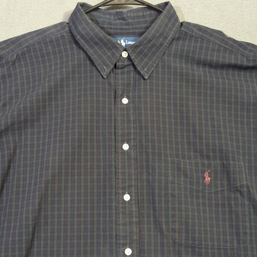 Ralph Lauren Shirt Men's 2X Big Blue Green Plaid Cotton Long Sleeve Button Down